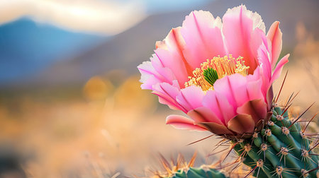 A breathtaking close-up of a delicate pink cactus flower blooming in a serene desert landscape, showcasing vibrant petals and intricate details amid soft natural lighting.の素材