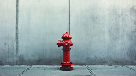 A bright red fire hydrant stands alone against a textured concrete wall, symbolizing urban infrastructure and emergency preparedness in city environments.の素材