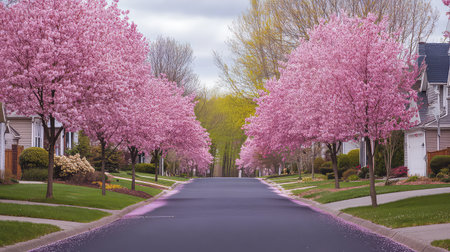 A picturesque street lined with vibrant cherry blossom trees in full bloom, creating a serene and colorful atmosphere ideal for springtime strolls.の素材