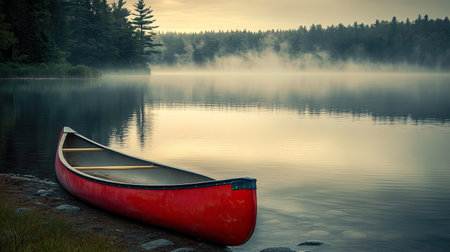 This serene image captures a vibrant red canoe resting peacefully on the shores of a foggy lake at sunrise, surrounded by lush forests.の素材