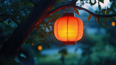 A vibrant red lantern softly glows as it hangs from a tree branch, surrounded by lush greenery. The gentle evening light creates a peaceful and serene atmosphere.の素材