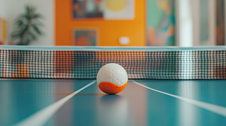 A captivating close-up of a solitary tennis ball resting on a table, surrounded by vibrant colors and modern decor. Ideal for sports and leisure themes.の素材