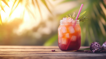 A delightful summer cocktail served in a mason jar filled with ice cubes, vibrant colors, and tropical decor, perfect for warm evenings outdoors.の素材