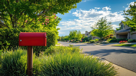 This captivating image showcases a vibrant red mailbox standing proudly along a well-maintained street, framed by lush greenery and colorful flowers.の素材