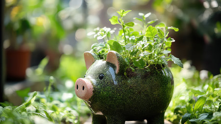 This charming pig-shaped planter features lush greenery, adding a playful touch to any home or garden. The bright colors and cheerful design evoke a serene atmosphere of growth and nature.の素材