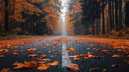 A picturesque autumn road lined with vibrant orange and yellow leaves creates a tranquil atmosphere in a misty forest. Ideal for capturing seasonal beauty.の素材