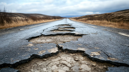 A striking image of a cracked asphalt road, showcasing the aftermath of an earthquake. The landscape features a dramatic sky and distant hills, highlighting nature's power.の素材