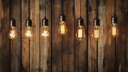 A captivating arrangement of vintage light bulbs hangs against a rustic wooden background, creating a warm and inviting atmosphere perfect for home and interior decor.の素材