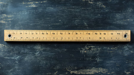 A wooden ruler is centered on a dark textured background, symbolizing accuracy and design. This photograph highlights measurement tools suitable for education and creative projects.の素材