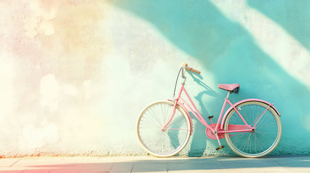 A vintage pink bicycle rests against a vibrant turquoise wall, bathed in soft morning light, evoking a sense of nostalgia and charm. Perfect for summer themes.の素材