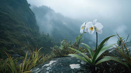 A stunning white orchid gracefully emerges from a rocky surface, set against a backdrop of misty mountains and lush vegetation, capturing nature's beauty.の素材
