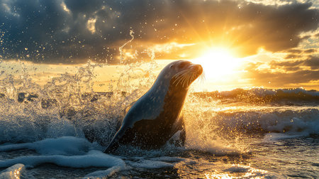 A stunning seal rises from the ocean waves at sunset, surrounded by golden light and dramatic clouds, capturing the beauty of marine wildlife in its natural habitat.の素材