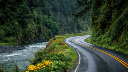 A captivating view of a winding road beside a flowing river, embraced by lush greenery and colorful wildflowers. This serene landscape invites travelers to explore its natural beauty.の素材