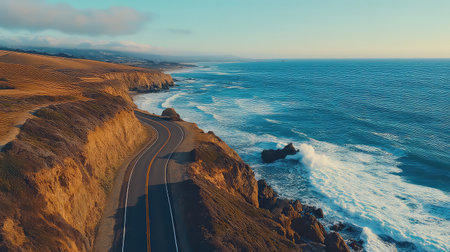 A breathtaking aerial view of a winding road along dramatic cliffs meeting the ocean, capturing serene moments during golden hour. Perfect for travel themes.の素材