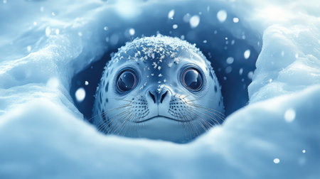 This enchanting image captures a curious seal pup peeking out from its snowy burrow, surrounded by delicate snowflakes falling gently in a serene winter scene.の素材