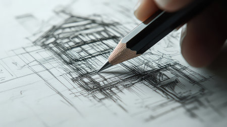 A close-up view of a hand holding a pencil sketching an architectural design of a house on white paper. The focus is on intricate lines and patterns.の素材