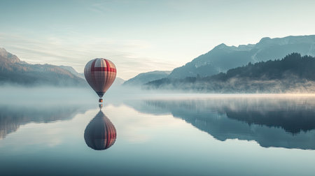 A tranquil scene of a colorful hot air balloon floating above a calm lake at dawn, surrounded by mist and mountains, evoking serenity and adventure.の素材