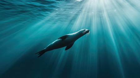 A beautiful sea lion swims effortlessly through the crystal-clear waters, illuminated by radiant beams of sunlight from above, showcasing the wonders of marine life.の素材