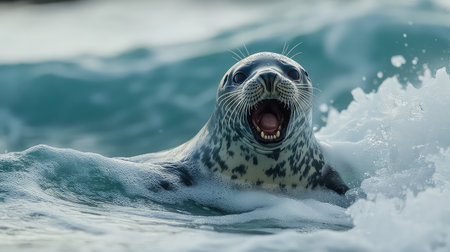 A playful seal emerges from ocean waters, its mouth open in a joyful expression as it splashes through the waves. The scene captures the essence of wildlife in its natural habitat, showcasing the playful nature and beauty of marine life.の素材
