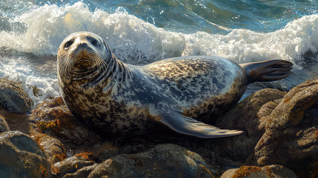 A calm and peaceful scene featuring an adorable seal resting on a rocky shoreline, with gentle ocean waves splashing around. The marine environment showcases the beauty of wildlife and nature.の素材
