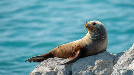 A serene sea lion leisurely rests on a rock, basking in the sun with a stunning blue ocean in the background. This picturesque wildlife scene captures the beauty of nature.の素材