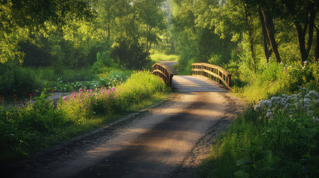 A serene forest scene featuring a charming wooden bridge over a gentle path. Lush greenery and vibrant wildflowers create a tranquil escape into nature's beauty.の素材