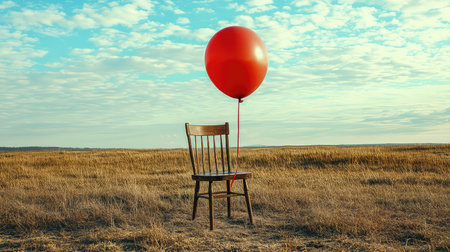 A solitary wooden chair stands in an expansive field, accompanied by a bright red balloon. This scene captures themes of isolation, simplicity, and creativity amidst nature under a serene sky.の素材