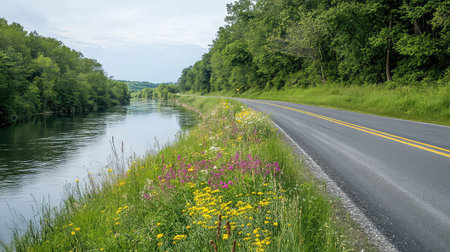 A picturesque riverside road bordered by colorful wildflowers and thriving greenery creates a serene natural landscape perfect for outdoor exploration.の素材