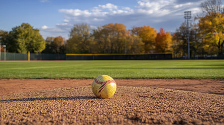 A close-up view of a baseball positioned on a pitcher's mound, surrounded by vivid autumn foliage and a clear sky, capturing a peaceful sports moment.の素材