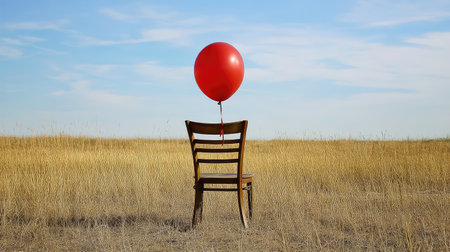 A striking image of a lonely wooden chair set in a vast field, adorned with a bright red balloon against a serene blue sky, evoking feelings of solitude and whimsy.の素材