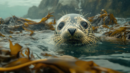 A mesmerizing close-up of a curious seal poking its head through lush seaweed in tranquil ocean water, showcasing its expressive features and serene environment.の素材