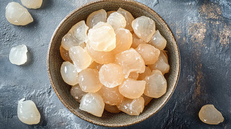 A stylish bowl filled with sweet and chewy jelly candies sits on a dark surface, showcasing a delightful array of textures and colors, perfect for any dessert setting.の素材