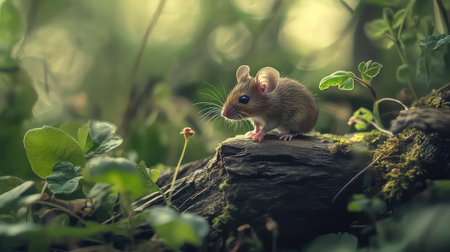 This captivating image features a small mouse sitting on a log, surrounded by vibrant green foliage, showcasing the beauty and serenity of wildlife in its natural habitat.の素材