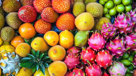 Explore a vibrant display of exotic tropical fruits showcasing diverse colors and textures. Perfect for promoting healthy eating and fresh produce.の素材