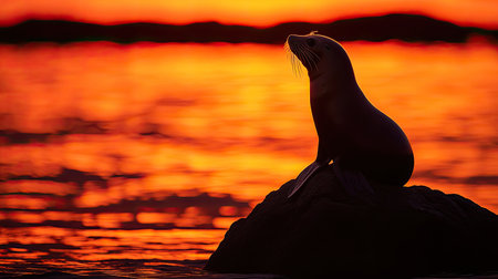 A serene seal perched on a rock silhouetted against a breathtaking orange sunset, reflecting on tranquil waters, creating a peaceful atmosphere.の素材