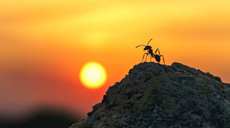 This captivating image features two ants silhouetted against a brilliant sunset, with vibrant colors creating a serene atmosphere. Perfect for nature lovers.の素材