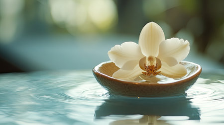A stunning white orchid flower gracefully floats on calm water, creating a serene atmosphere perfect for relaxation, meditation, and wellness. The gentle ripples and soft lighting enhance beauty, inviting calmness and tranquility.の素材