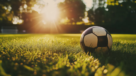 A close-up view of a soccer ball resting on a vibrant green grass field illuminated by warm sunlight during golden hour. A perfect scene for sports enthusiasts.の素材