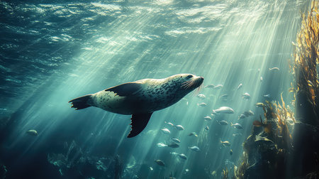 A serene scene capturing a seal gracefully swimming in vibrant blue waters, surrounded by shimmering sunlight, fish, and lush aquatic plants, showcasing nature's beauty.の素材