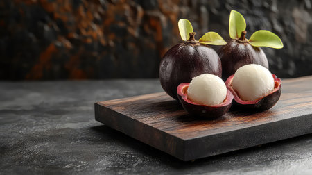 A captivating arrangement of fresh mangosteen fruit, showcasing its rich purple rind and creamy white flesh, perfect for culinary presentations and food photography.の素材