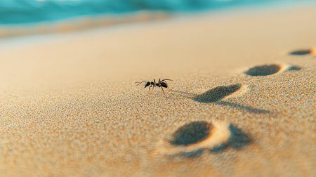 A tiny ant traverses the fine sand of a serene beach, leaving delicate footprints behind. The soft ocean waves create a tranquil backdrop, highlighting nature's simplicity.の素材