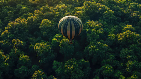 A vibrant hot air balloon glides gracefully above a dense green forest, capturing the essence of adventure and tranquility in nature during sunrise.の素材