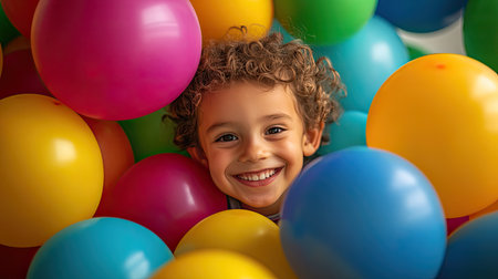 A joyful child smiles brightly while nestled among a sea of colorful balloons. The image captures the essence of childhood happiness and playfulness, evoking feelings of excitement and innocence.の素材