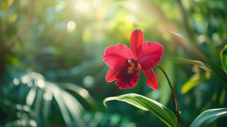 This stunning close-up image captures a vibrant red orchid flower against a lush green tropical backdrop, illuminated by soft sunlight, evoking beauty and tranquility.の素材