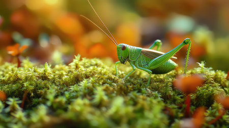 A stunning close-up image of a green grasshopper resting on soft moss. The background features a sunlit ambiance, highlighting the vibrant colors of nature.の素材