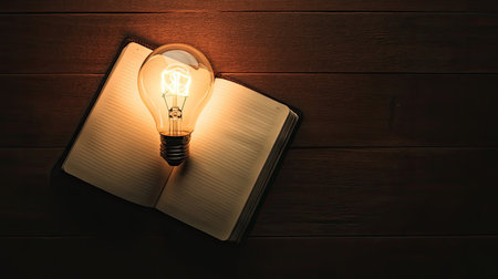 A glowing light bulb rests on an open notebook on a wooden table, symbolizing creativity and inspiration. The warm light enhances the ambiance, inviting thought.の素材