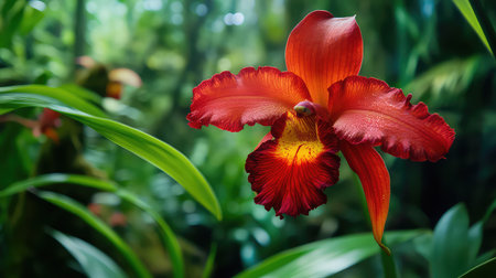 A stunning red orchid flower captures attention with its vibrant colors against a lush green backdrop, showcasing nature's beauty and tranquility.の素材