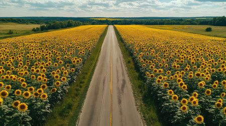 A stunning aerial view of a picturesque sunflower field stretching alongside a winding road, surrounded by lush greenery and a vibrant blue sky filled with fluffy clouds.の素材