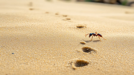 A close-up image of a single ant walking on a sandy surface, leaving behind distinct footprints in a desert environment, showcasing nature's small wonders.の素材