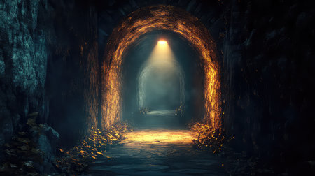 An enchanting perspective of a mysterious underground tunnel, featuring dramatic lighting that casts shadows on rocky walls, creating a surreal atmosphere.の素材